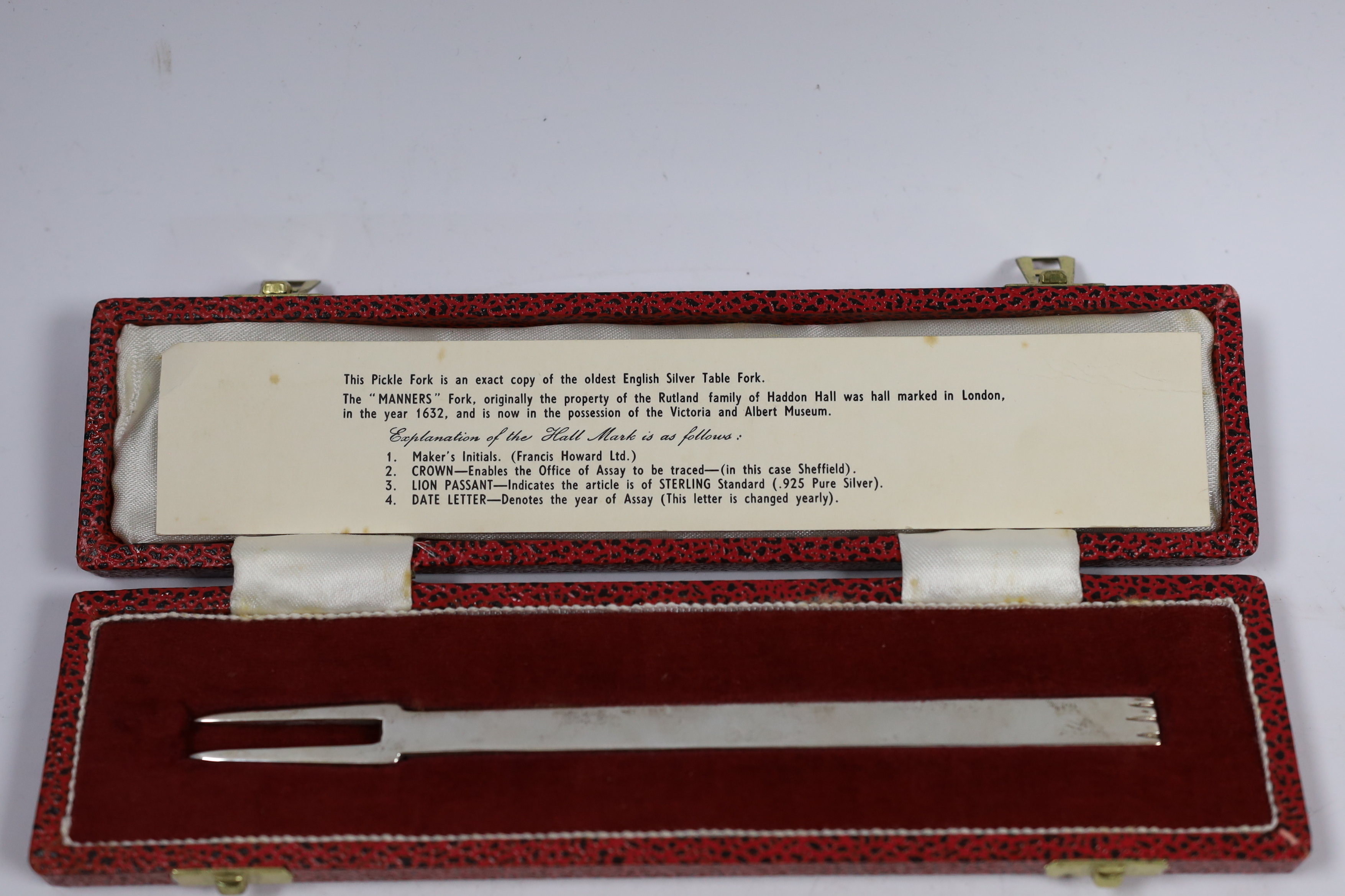 A modern cased silver replica of the 'First English Silver Fork', Francis Howard Ltd, Sheffield, 1973, 17.7cm.